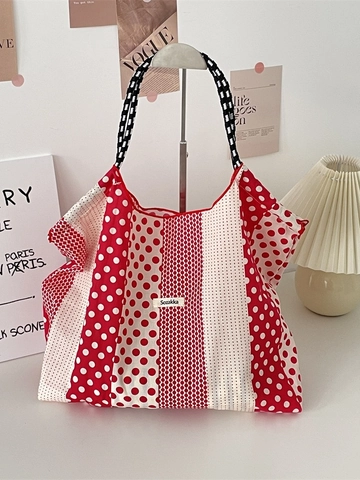 Borsa Tote In Tela Cotone Grande Capacità Motivo A Pois Strisce Borsa A Spalla Francese Casual Retrò Donne