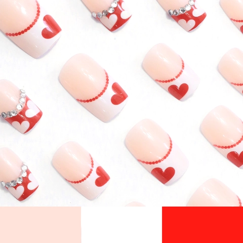 French Press On Nails ABS Plastic Red Heart Pattern Rhinestone Decor Artificial Finger Nails For Women Valentine's Day
