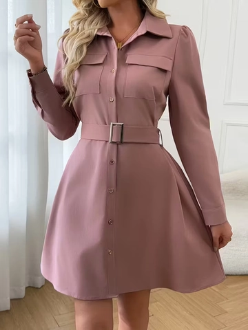 Vestido Camisero Elegante Para Mujer Poliéster Manga Larga Abotonado Con Cinturón Mini Vestido Línea A Bolsillos Rosa