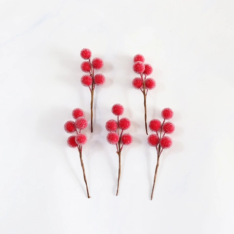 Artificial Christmas Red Berry Stems Frosted Glass Beads For DIY Holiday Floral Arrangements Home Wedding Gift Decor