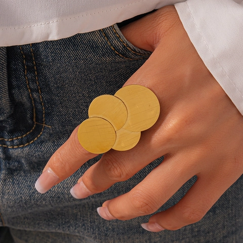Anello Cerchi Geometrici Sovrapposti Acciaio Inossidabile Metallo Spazzolato Esagerato Aperto Regolabile Gioielli Di Moda Donna