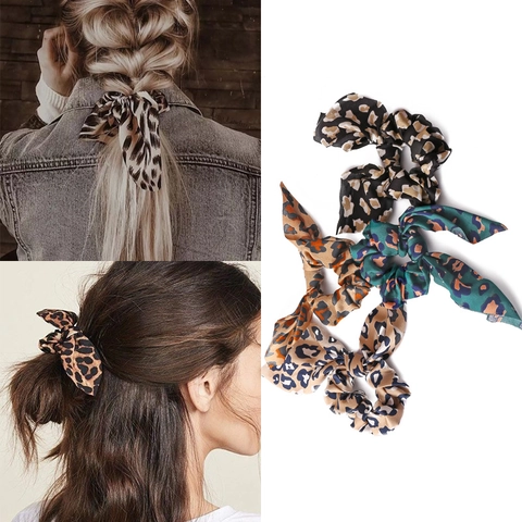 Chiffon Satin Scrunchies With Bow Ribbon Rabbit Ear Leopard Snake Floral Print Elastic Hair Ties For Women Girls
