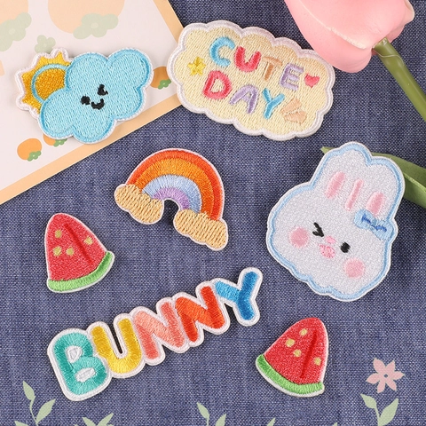 Cartoon Embroidered Patches Cute Rabbit Rainbow Cloud Sun Embroidery Badges Self Adhesive For Clothes Bags DIY Decoration