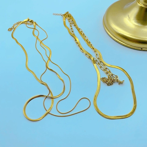 Collana Doppio Strato Catena A Serpente E Maglia Graffetta Acciaio Inossidabile Placcato Oro Minimalista Donna