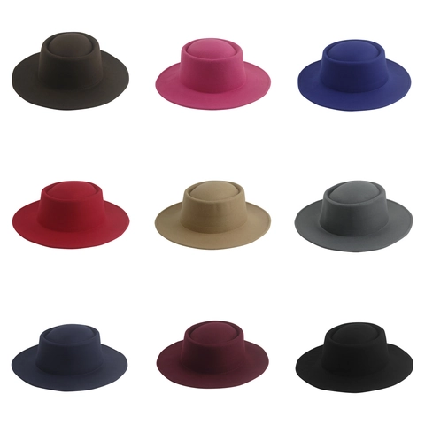 Flat Top Boater Hat Felt Wool Polyester Wide Brim Solid Color Vintage Jazz Fedora For Women And Men Ribbon Chain Decor