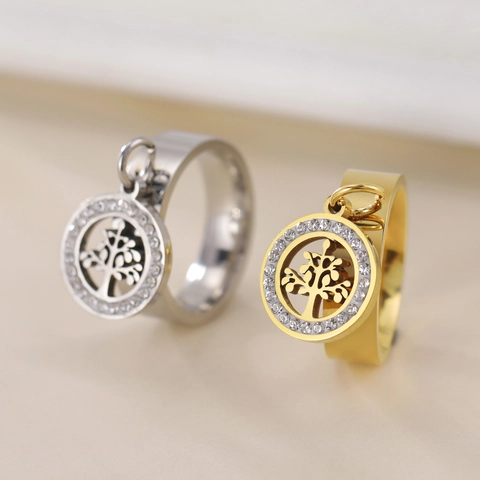 Titanium Steel Tree Of Life Pendant Ring For Women Minimalist Fashion Inlaid Rhinestone Gold Silver Color Geometric Jewelry Gift