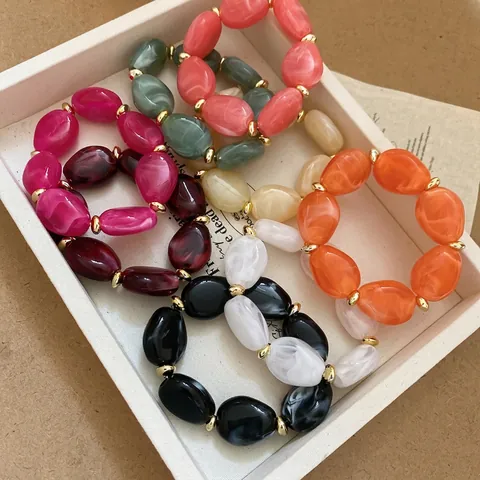 Acrylic Resin Bracelet Irregular Oval Marble Texture Beads With Golden Spacers Elastic Fashion Jewelry For Women