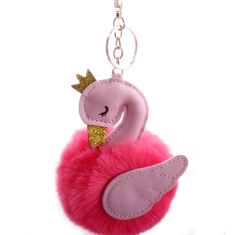 Porte-Clés Cygne Flamant Rose En Peluche Élégant Couronne Pompon En Fausse Fourrure Bijou De Sac Animal