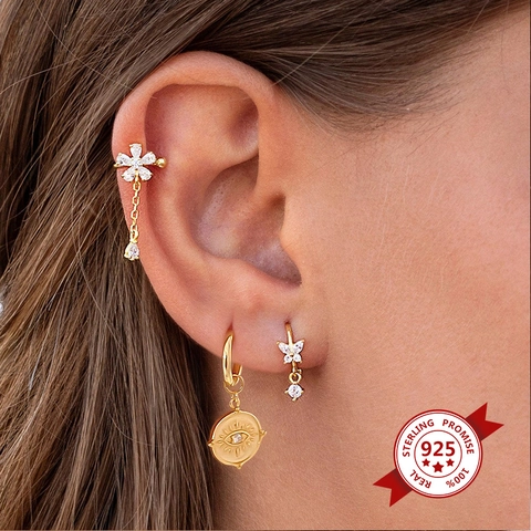 Vintage Copper Evil Eye Hoop Earrings With 925 Sterling Silver Earring Post Zirconia Inlaid Geometric Earrings For Women Jewelry