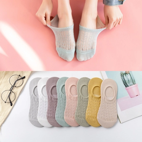 Women Cotton Invisible Boat Socks Breathable Mesh Hollow Out Low Cut Anti Slip Solid Color Japanese Style Summer Hosiery
