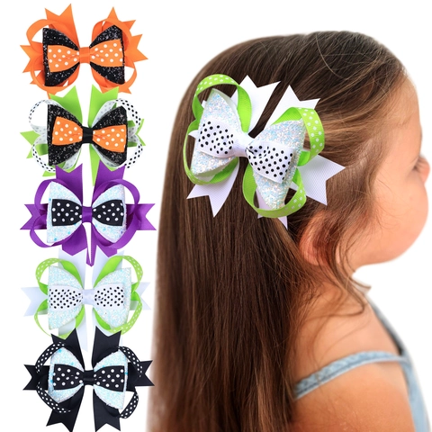 Fermaglio Per Capelli Con Fiocco Halloween Per Bambini Nastro Grosgrain Paillettes Multistrato Pois Luccicante Forcina Ragazze Festa