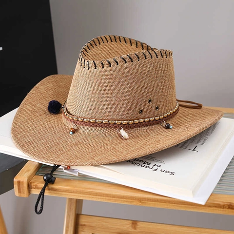 Western Cowboy Straw Hat Sun Shade Hand-Woven With Shell Beads Ethnic Style Outdoor Beach For Men Women