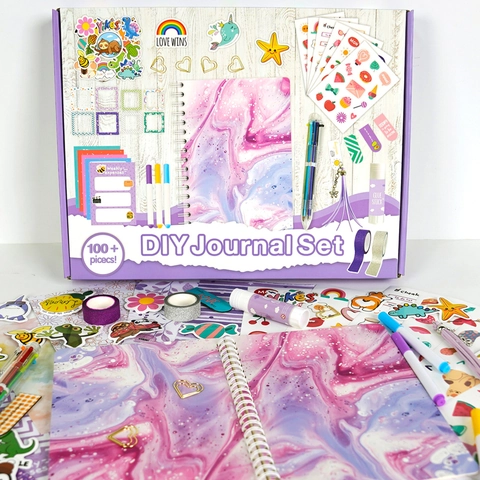 DIY Journal Scrapbook Stationery With Spiral Notebook Stickers Washi Tape Multi Color Pen Glue Stick For Kids Girls Purple