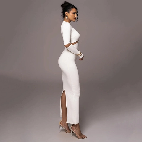 Abito Maxi Bodycon Maniche Lunghe Girocollo Patchwork Rete Asimmetrica Sexy Elegante Vestibilità Slim Streetwear Donna