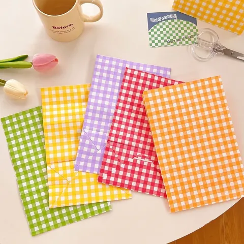 Gingham Checked Paper Gift Bags Kraft Paper Flat Bottom For Party Favors Snacks Packaging Cute Colorful DIY