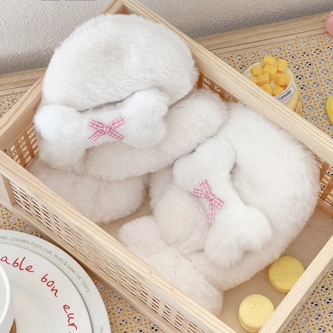 Winter Plush Mittens Faux Fur Thickened Warm Windproof Hanging Neck Strap Bow Bone Decor Cute For Women