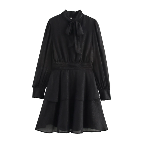 Women French Style Chiffon Mini Dress Long Sleeve Bow Tie Neck Layered Ruffle Hem Elegant Solid Black High Waist