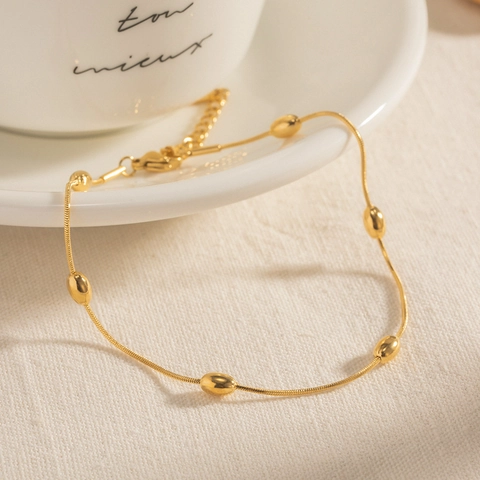 Women 18K Gold Plated Stainless Steel Anklet Summer Beach Snake Chain Oval Beads Geometric Adjustable Foot Jewelry