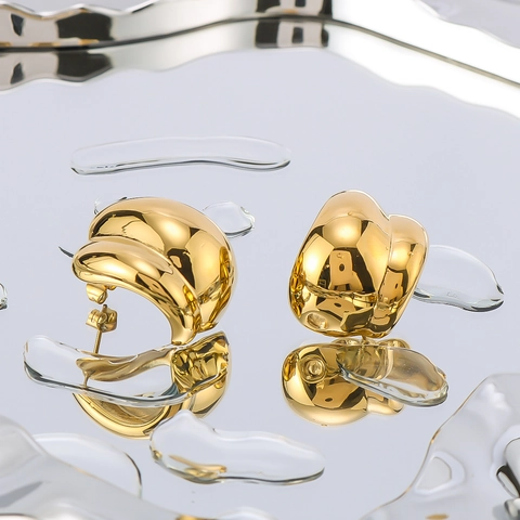 Stainless Steel Hoop Earrings 18K Gold Plated Twisted Chunky Hollow C-Shaped Geometric Lightweight Minimalist For Women