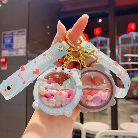 Cartoon Koala Keychain Liquid Quicksand Bag Pendant Acrylic Colorful Beads Silicone Wrist Strap Cute Gift Ornament