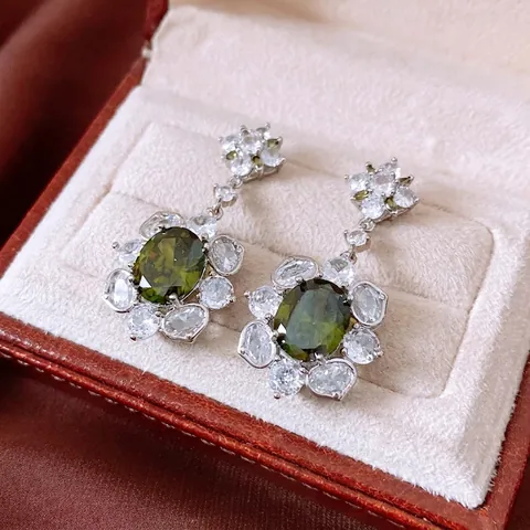 Vintage Palace Style Green Gemstone Flower Drop Earrings Copper Zircon With 925 Sterling Silver Earring Post For Women