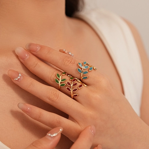 Anillo Aperto Foglia Di Rame Vintage Placcato Oro Smalto Regolabile Ramo Pianta Gioielli Per Donne