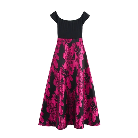 Women Maxi Dress Polyester Sleeveless Round Neck High Waist Floral Print Elegant Summer Party Black And Pink