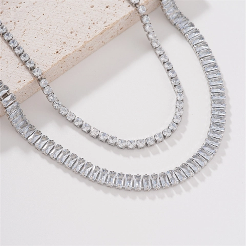 Fashion Copper Zirconia Necklace Set Square Silver Color Rhinestone Pendant Jewelry Set For Women Wedding Banquet