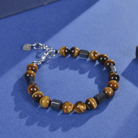Natural Tiger Eye Stone Hematite Beaded Bracelet Stainless Steel Adjustable Chain Hypoallergenic Fashion Jewelry For Men Women