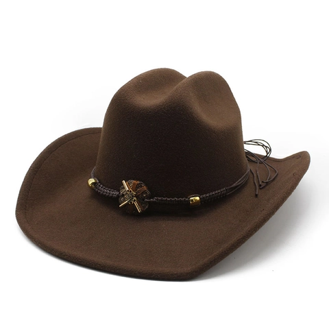 Western Cowboyhut Wollfilz Breite Krempe Geflochtenes Band Metallperlen Blumendekor Retro Stil Outdoor Sonnenschutz Sonnenhut