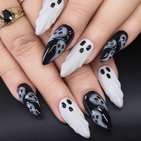 Halloween Geest Press On Nails 3D Reliëf Amandelvorm Zwart Wit Kunstnagels Voor Vrouwen Manicure