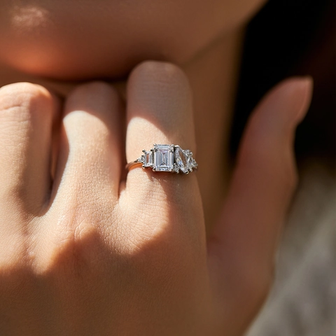 925 Sterling Silver Ring Emerald Cut Zircon Geometric Asymmetric Sparkling Engagement Anniversary Gift For Women