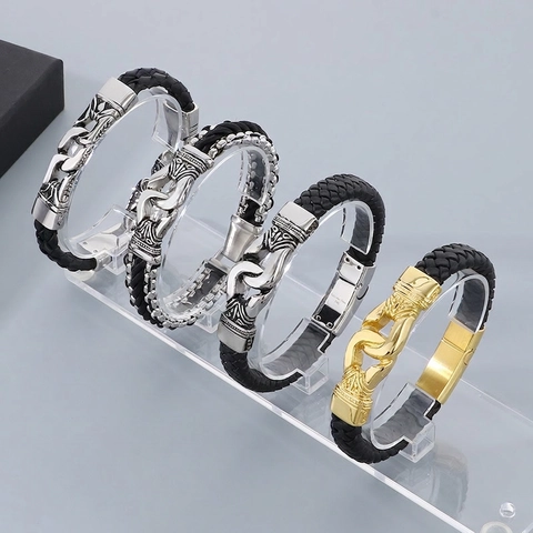 Bracelet Homme Cuir Véritable Tressé Et Acier Inoxydable 316L Punk Vintage Totem Bijoux Mode