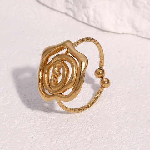 Anello Fiore Di Rosa Acciaio Inossidabile Placcato Oro 18K Regolabile Aperto Design Cavo Irregolare Gioielli Per Donna