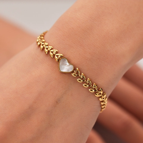 Pulsera De Nácar Con Forma De Corazón Acero Inoxidable Chapado En Oro De 18 Quilates Cadena De Hoja De Trigo