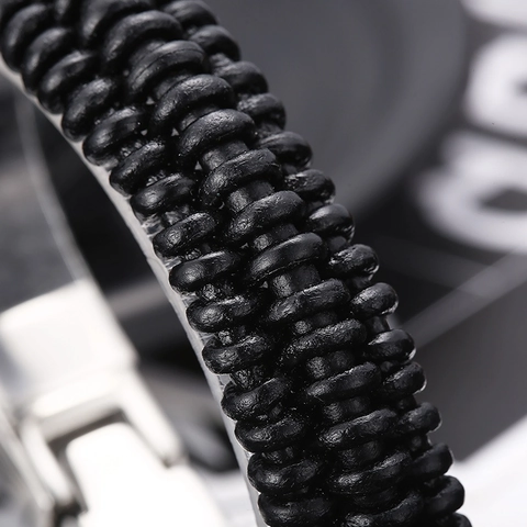 Men Woven Leather Bracelet With Stainless Steel Spring Snap Buckle Braided Cowhide Cord Trendy Punk Jewelry For Male