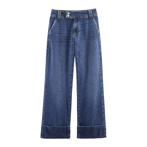 Jeans In Denim A Gamba Dritta Da Donna Vita Bassa Orlo Con Risvolto Blu Lavato Stile Retro Casual E Sexy