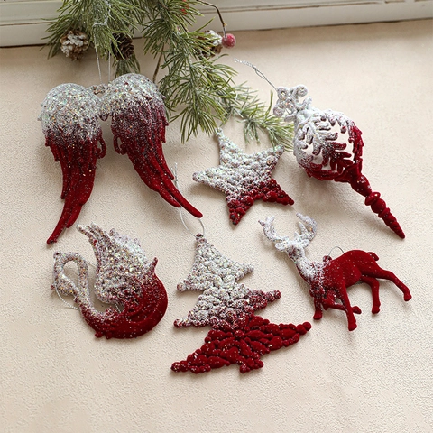 Addobbi Natalizi Rossi Floccati Glitter Fiocco Di Neve Renna Stella Decorazioni Appese Arredamento Albero Di Lusso