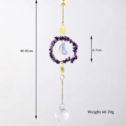 Natural Crystal Stone Suncatcher Hanging Ornament Metal Moon Sun Prism Pendant Window Garden Decor Boho Style