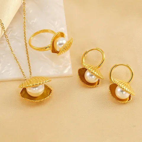 18K Gold Plated Stainless Steel Shell Necklace Hoop Earrings And Ring Faux Artificial Pearl Ocean Jewelry For Women Elegant