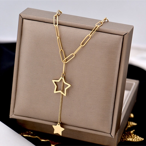 Titanium Stahl Stern Anhänger Halskette Für Damen Gold Hohlstern Quaste Büroklammer Kette Y-Form Schmuck