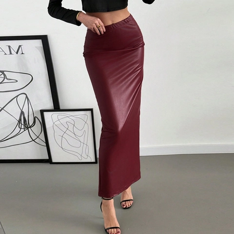 Gonna Maxi In Pelle PU Da Donna Vita Alta Vestibilità Slim Spacco Posteriore Gonna Lunga A Matita Rosso Vino