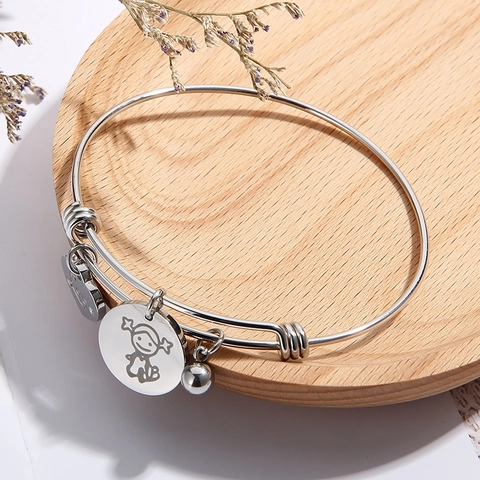 Pulsera Ajustable De Acero Inoxidable Colgante Corazón Love Niña Dibujo Joyería Regalo Mujer
