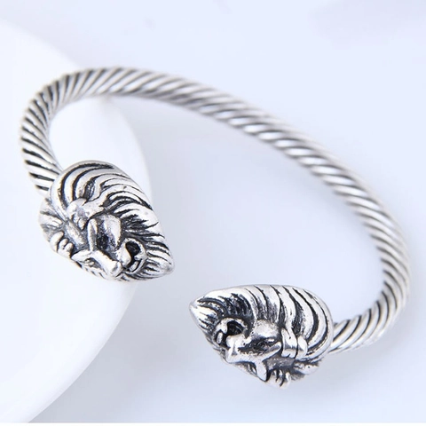Men's Lion Head Twisted Wire Bangle Retro Punk Adjustable Open Metal Bracelet Silver Color