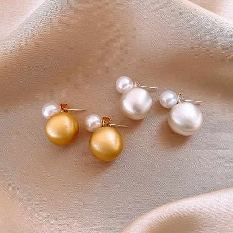 Orecchini A Doppia Faccia Retrò Francese Con Perno In Argento Sterling 925 Sfera In Rame Spazzolato Imitazione Perla Artificial Elegante