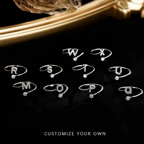 Fashion Initial Letter Ring Copper Zircon Inlaid Adjustable Open Ring Jewelry For Women Elegant Style