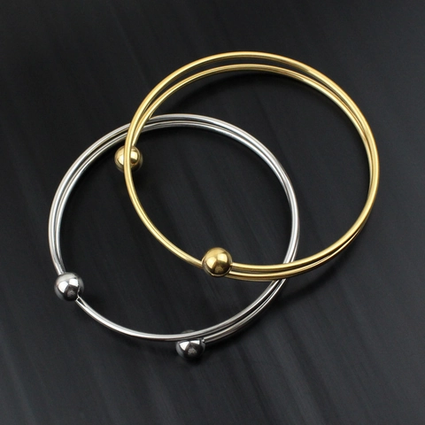Minimalist Stainless Steel Open Bangle For Women Double Round Ball Ends Geometric Adjustable Polished Fashion Jewelry Bracelet
