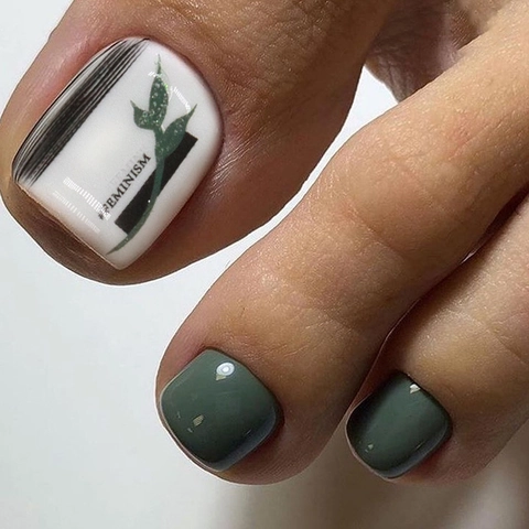 Dark Green Press On Toenails White Leaf Print Full Cover Square Fake Toe Nails Glossy Summer Beach Style Elegant Foot Decor