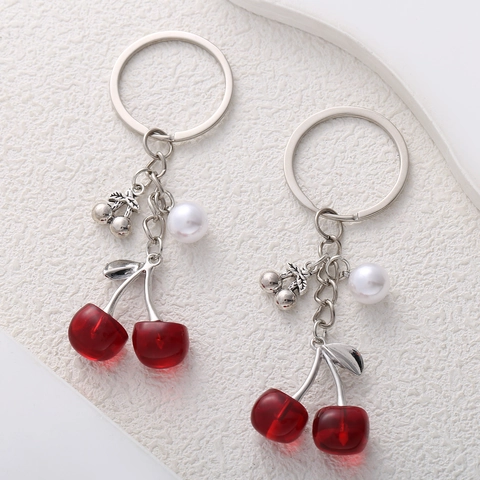 Sweet Cherry Keychain Alloy Resin Faux Artificial Pearl Transparent Fruit Bag Charm Cute Pendant Accessory For Women