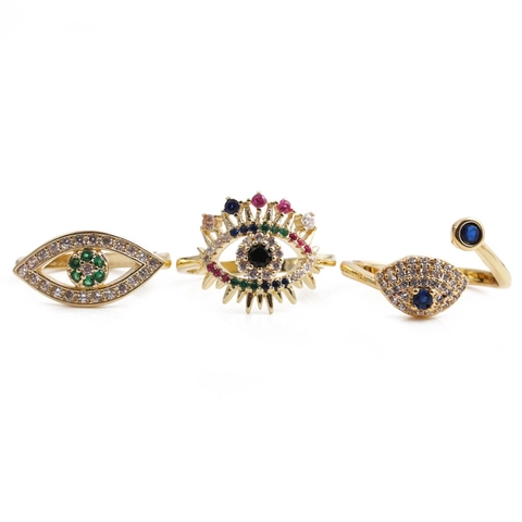 Türkischer Böser Blick Verstellbarer Ring Gold Vergoldetes Kupfer Bunte Zirkonia Mikropave Böhmischer Schmuck Für Damen